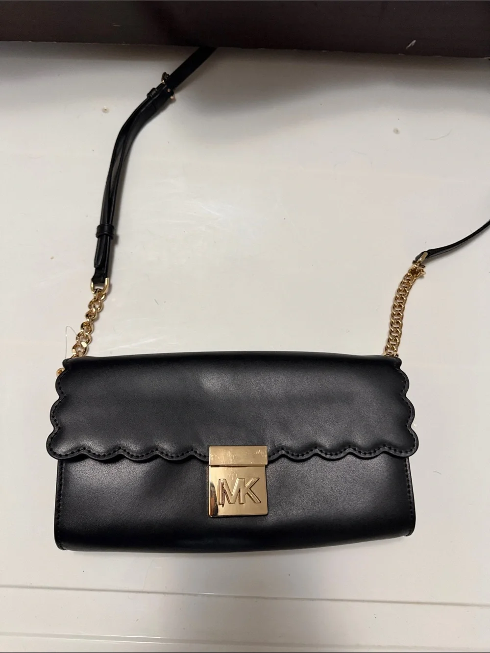 Michael Kors Black Leather Scallop-Flap Crossbody with Gold Hardware